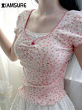 Sweet Cute Lace Trim Floral T Shirt Sexy Slim Patchwork Square Collar Short Sleeve Tees Women 2024 Summer Fashion Ladies-Outfit