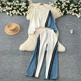 Denim Set Female Retro Casual Color Long-Sleeved Sweater Denim Spliced Broad Leg Pants Two
