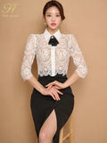 Han Queen Elegant 2024 Summer 2 Pieces Set Women Bow Lace Tops + High Waist Slit Pencil Skirts Casual Simple Office Skirt Suit-Outfit