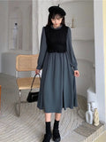 Long Sleeve Dress Women Elegant Fake Two Pieces Patchwork Puff Sleeve 2023 Spring Korean Fashion Female