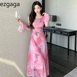 Elegant Dresses Women Butterfly Printed Mesh Patchwork French Style Slim Sexy Dress Flare Long Sleeve Vintage Ladies-Outfit