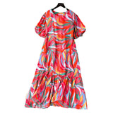 Dress Women's 2024 Summer Dress New Loose Leisure Fashion Print Medium-Long Bubble Sleeve Holiday Dress-Outfit