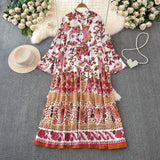 Light Extravagant Temperament Horn Long Sleeved V Collar Loose Thin Single Breasted Printed Dress Elegant Long Skirt-Outfit