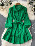 2022 Autumn New Lace Embroidery Dress Women Lantern Sleeves Dresses Female Vintage Party Beach Mini Short