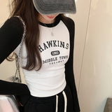 Color Shoulder-Sleeved Letter Printed Long-Sleeved T-Shirt Women's Autumn New Bottomed Shirt Round Neck Short Blouse-Outfit