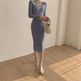 Autumn / Winter Core-Spun Yarn Knitted Long-Sleeved Dress V-Collar Slim Black Medium-Long Slit Hip Skirt-Outfit