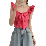 Care Machine Sling Women's Summer New Vest Solid Color Bow Tie With Short Lotus Leaf Tops
