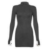 Winter Stretch Slim Soft Ribbed Knitted Turtleneck Dress Woman Fashion Solid Black Casual Bodycon Zip Dress-Outfit