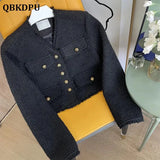 Fringe Tweed Cropped Jacket For Women Black Vintage V Neck Long Sleeve Luxury Coats Fall Casual Loose Chaquetas De