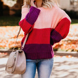 Toloer And Winter Women's One Word Collar Loose Splicing Color Knit Jumper Sweater