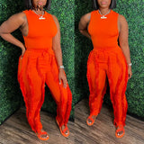Women Elegant Solid Sexy Tank Crop Tops Tassels Decor Pants Drawstring Pants Sets-Outfit