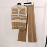 Suit Women's Korean Version Of Sleeveless Collars With Striped Knitted Shirt Tops Two Sets Of Leisure High-Rise Broad
