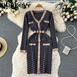 French Plaid Knitted Dress Women V Neck Sweater Sheath Hight Quality Dress Elastic Waist OL Warm Midi Long