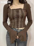 Vintage Patchwork Lace Bandage T Shirt Slim Square Collar Long Sleeve Tees Women 2023 Utumn Winter Fashion Streetwear-Outfit
