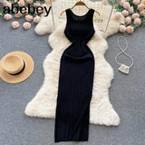 Knit Sexy Strap Dress Women Tank Elatic Waist Bodycon Sundress Female Beach Split Backless Long