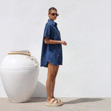 New Cardigan High-End Denim Short-Sleeved Collar Shirt Loose Dress Dress