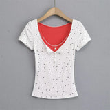 Trendy Women's Dress Is Sweet And Pure To Make Waves, Slim Short-Sleeved T-Shirt, Short-Style Navel Top + Small Suspenders Inside.-Outfit