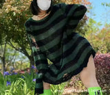 Toloer Hole Hollow Out In The Long Sweater Female Stripe Loose Color Dark Versatile Knit Niche Punk-Outfit