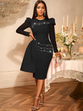 Round-Neck Nail Dress Lace Long Sleeve Packed Party Evening Dress Dress