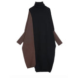 Women Color-block Knitting Big Size Long Dress New Turtleneck Long Sleeve Loose Fit Fashion Spring Autumn 2023