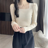 Toloer Collar Bottom Shirt Women's 2023 Autumn Winter New Knitting Low Coltleneck Sweater Short Black Bubble Sleeve Jacket
