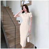 Real Shot Is Pure, Stylish, Sexy, Slim, Thin, Lapel, Short-Sleeved, Knitted, Buttocks, Fishtail Dress, Summer Dress-Outfit
