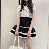 Black Lace Trim Ruffles Mini Skirt-Outfit