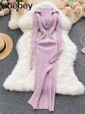 Women Korean Knitted Dress Long Sleeve V Neck Elastic Slim Pencil Dresses 2022 Autumn Sexy Bodycon Split Sweater
