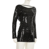 Black Sequin Openback Long Sleeve Mini Dress-Outfit