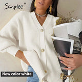 Simplee Casual v-neck knitted cardigan women Autumn winter lantern sleeve button female cardigan Fashion ladies oversize