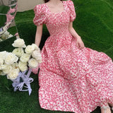 New Robe Women Fashion Loose Slash Neck Bubble Sleeve Elastic Waist Fragmented Flower Slim Breathable Long Dresses-Outfit