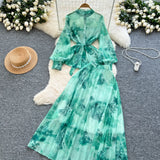 Temperament Two Sets Of Female High-Grade Style Straps To The Waist Lantern Sleeve Print Chiffon Top + High Waist