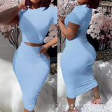 Toloer Round Neck Short Sleeve Show Waist Sexy T-Shirt Wrapped Buttock Skirt