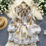 Dress Women's Neckline Bow Tie With Lantern Sleeve Lace Splicing Bright Face Chiffon Skirt Skirt
