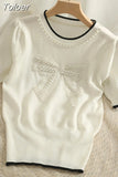 version nail bead mesh bow round neck short sleeve top women's 2023 new waist closing thin knitted
