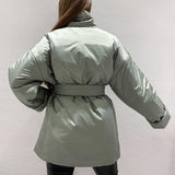 Stand Collar Parkas Women Fashion Tie Belt Loose Coats Women Elegant Spring Casual Long Cotton Jackets Female