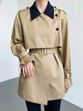 Women's Contrast Color Lapel Belted Short Windbreaker 2022 Autumn Casual Trench