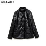 WOTWOY Cotton Liner Winter Leather Jacket Women Thick Windbreakers Casual Loose Warm Padded Coat Female Black Outerwear 2021