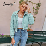 Simplee Office turtleneck zipper winter short coats women Casual sheath long sleeve parka solid Fashion female top coats