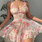 Pink Printed Mesh Night Dress Lingerie-Outfit