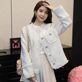Fashion Sequin Blends Tweed Jackets Women Elegant Fringe Loose Single Breasted Luxury Coat Vintage Design Chaquetas