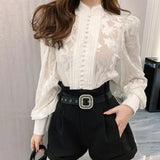 Shirts For Women Stand Collar Puff Long Sleeve Patchwork Buttons Designer Oversized Loose Blouses Female 2022