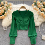 New Spring Shirts Women Elegant Vintage Solid Long Sleeves Slim Tops Fashion Button Sexy Streetwear Short