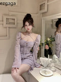 Sexy Dresses Women Bandage Square Collae Pile Up Sleeve Drawstring Solid Slim Elegant Mini Dress Ladies Vintage Fashion-Outfit
