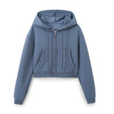 Women's Casual Sports Suit Spring Big Pocket Hooded Long Sleeve Zipper Repair Short-Sized Tidaught Rope