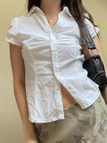 vintage simple ruffle blouse with short sleeves and V