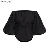 Lantern Sleeve Elegant Khaki Blouse Women Sexy Party Off Shoulder Top Ladies White Black Shirt Cotton Bodycon