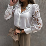 Lace Patchwork Shirt Top Woman Spring Summer Casual Long Sleeve Shirts For Women 2023 Vintage Hollow Out Button Blouses-Outfit
