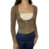 Korean Cute Y2K Retro Cotton Tops Lace Patchwork Buttons Kawaii Tshirts Autumn Square Collar Chic Casual