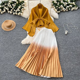 Wrinkled Butterfly Sleeve Gradient With Shawl Short Coat Top + Gradient 100 Folded Skirt Two-Piece